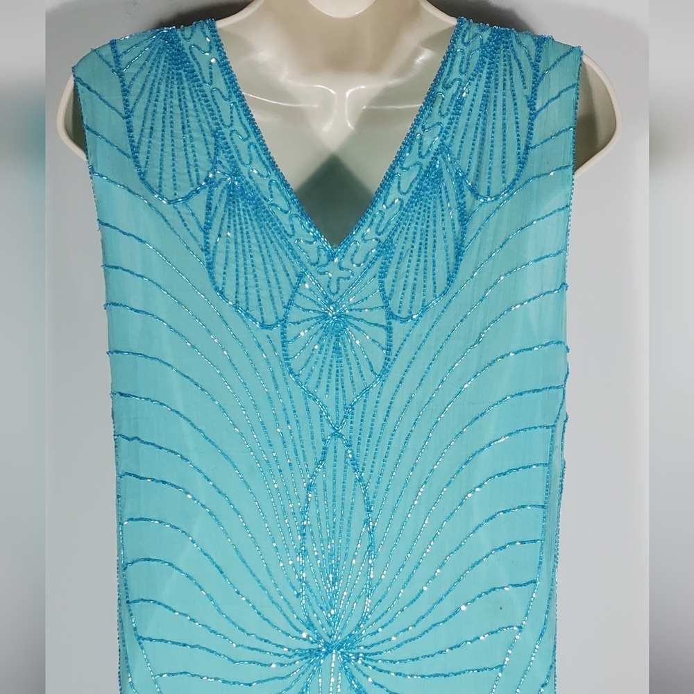 Star Group Turquoise Vintage Beaded Pure Silk Dress Size Medium - Picture 4 of 11